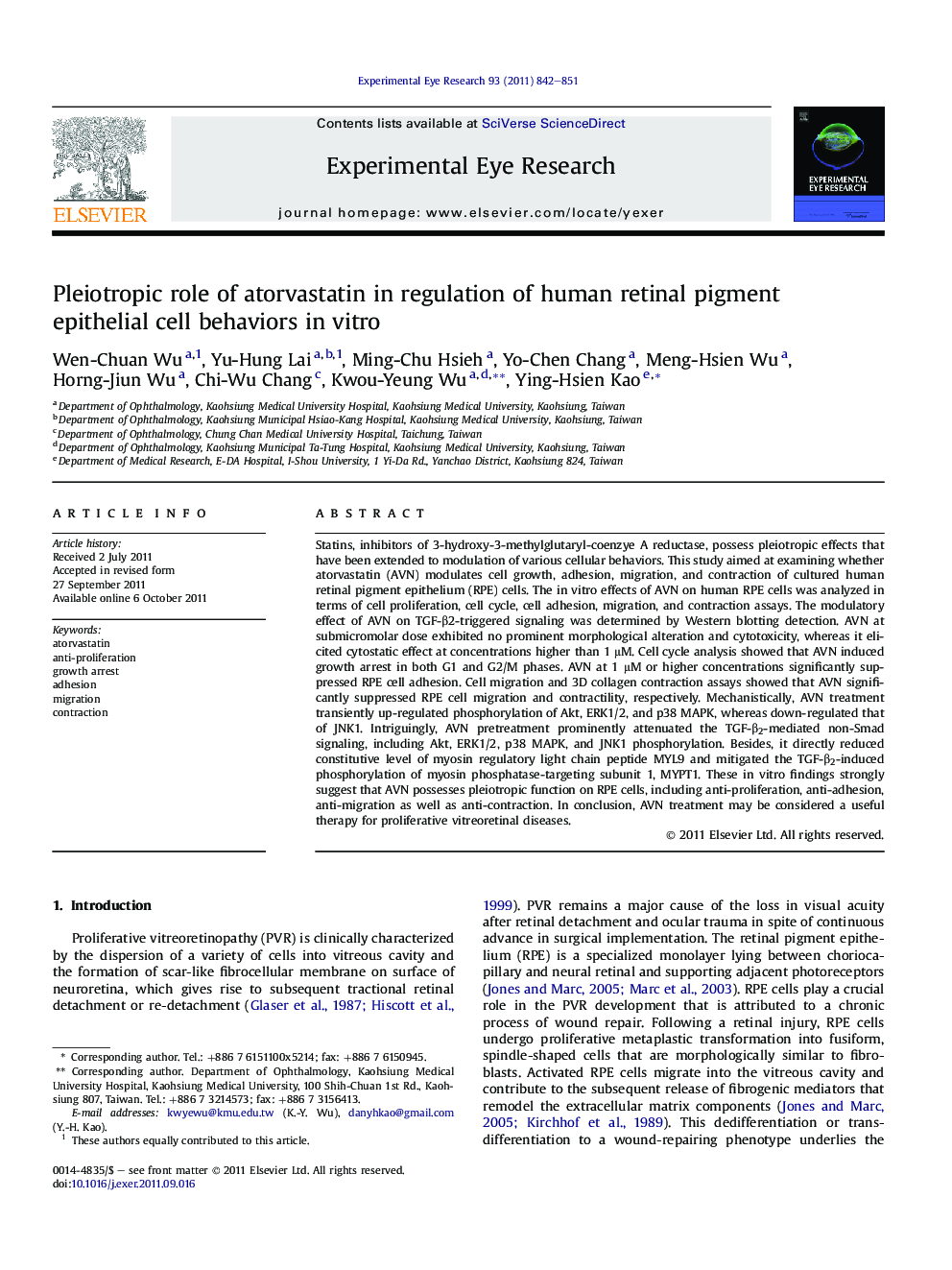 Pleiotropic role of atorvastatin in regulation of human retinal pigment epithelial cell behaviors inÂ vitro