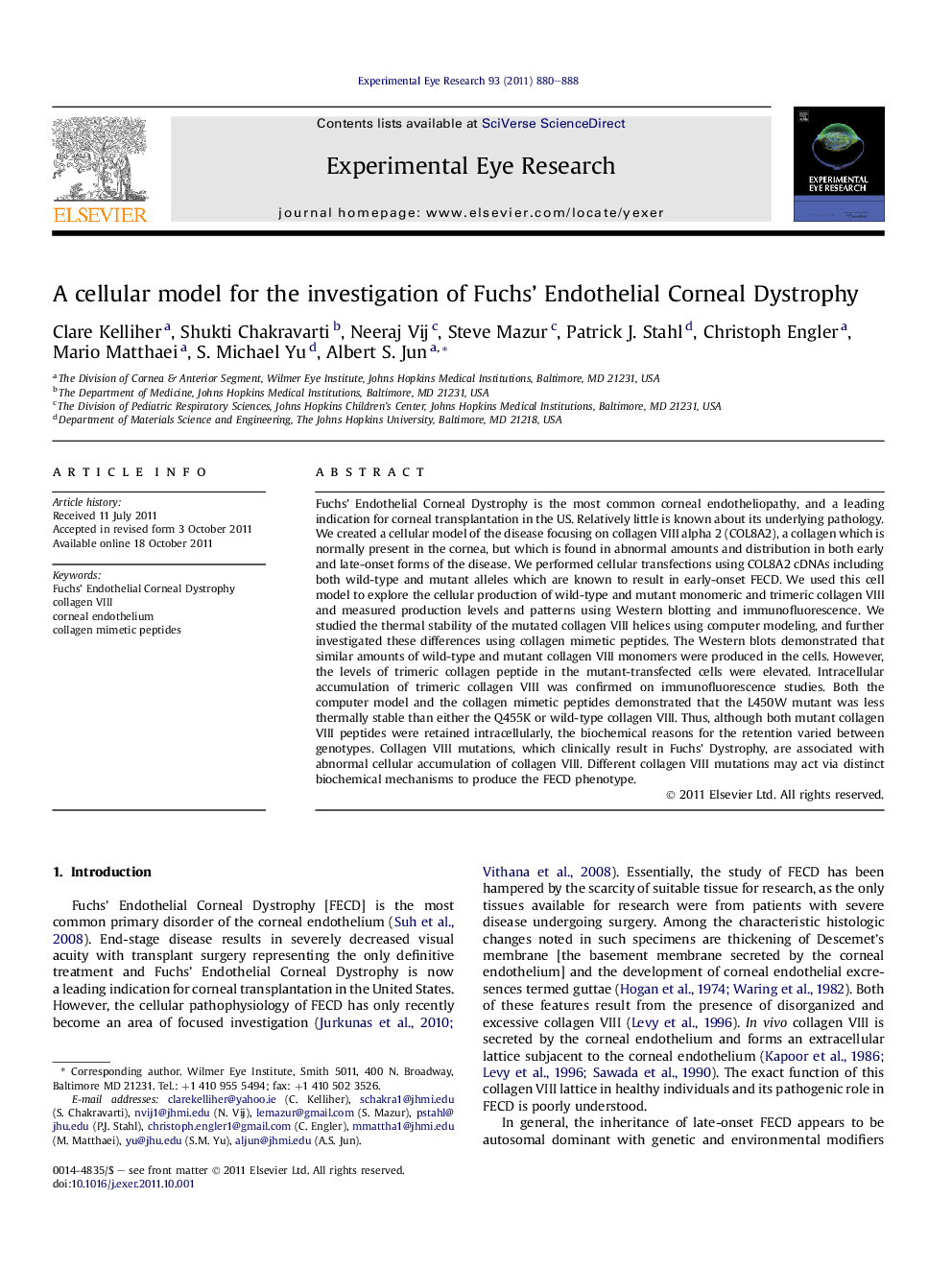 A cellular model for the investigation of Fuchs' Endothelial Corneal Dystrophy