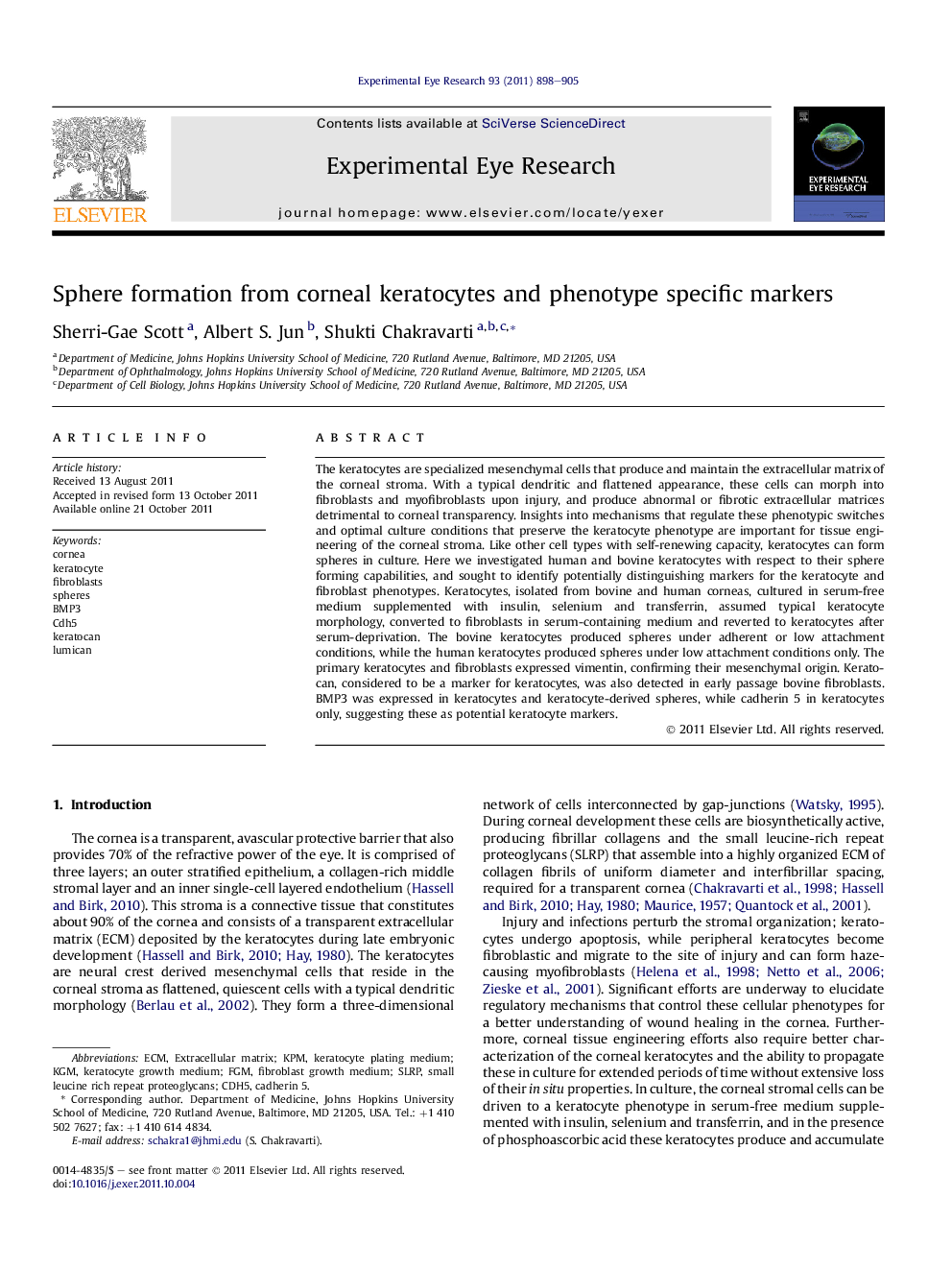 Sphere formation from corneal keratocytes and phenotype specific markers