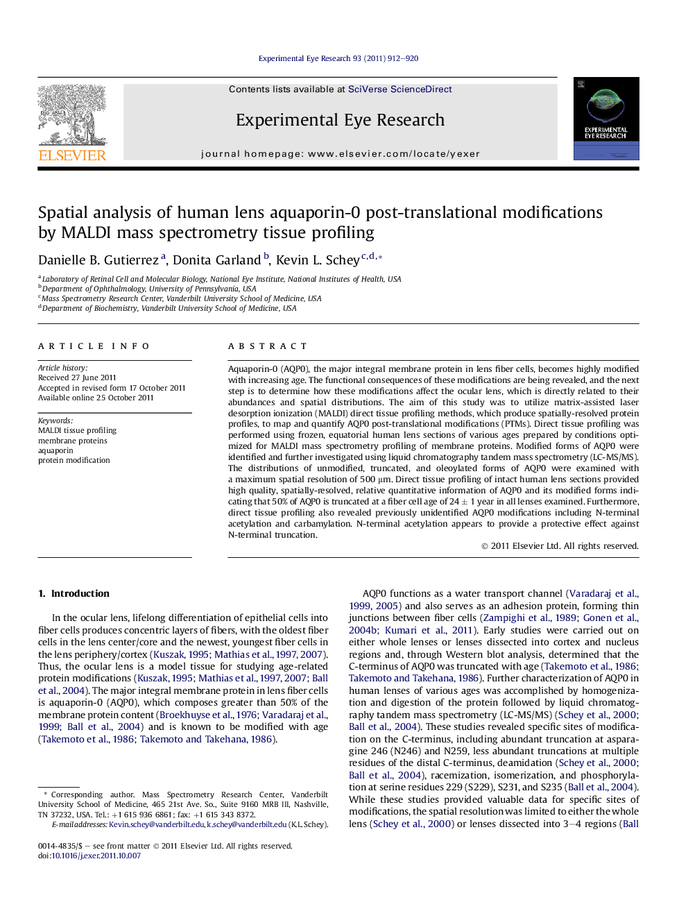 Spatial analysis of human lens aquaporin-0 post-translational modifications by MALDI mass spectrometry tissue profiling