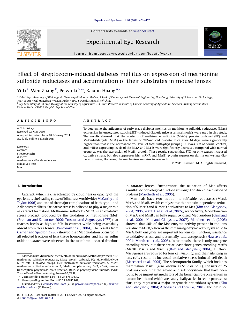 عکس صفحه اول مقاله: Effect of streptozocin-induced diabetes mellitus on expression of methionine sulfoxide reductases and accumulation of their substrates in mouse lenses Effect of streptozocin-induced diabetes mellitus on expression of methionine sulfoxide reductases and accumulation of their substrates in mouse lenses