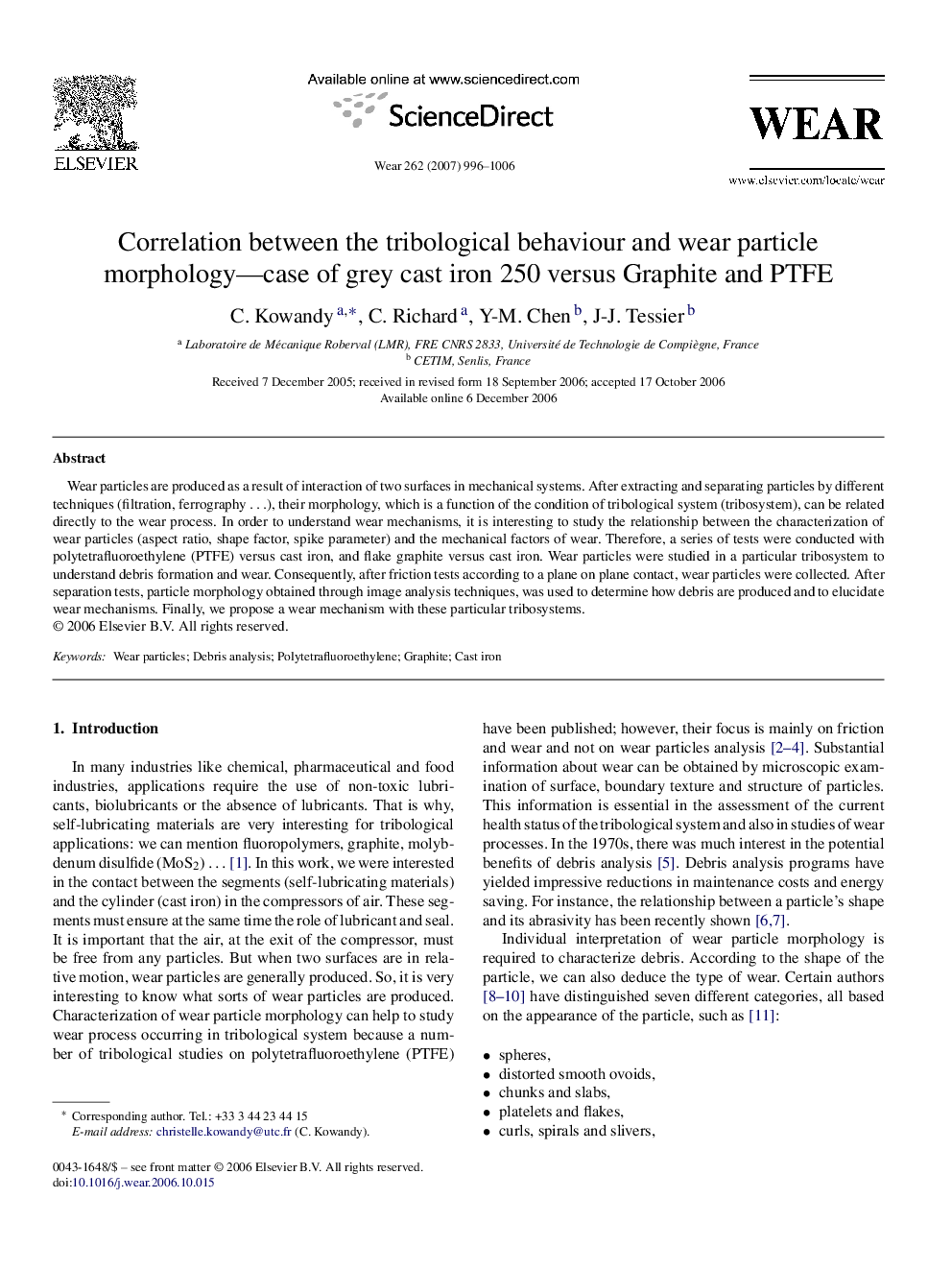 Correlation between the tribological behaviour and wear particle morphology—case of grey cast iron 250 versus Graphite and PTFE