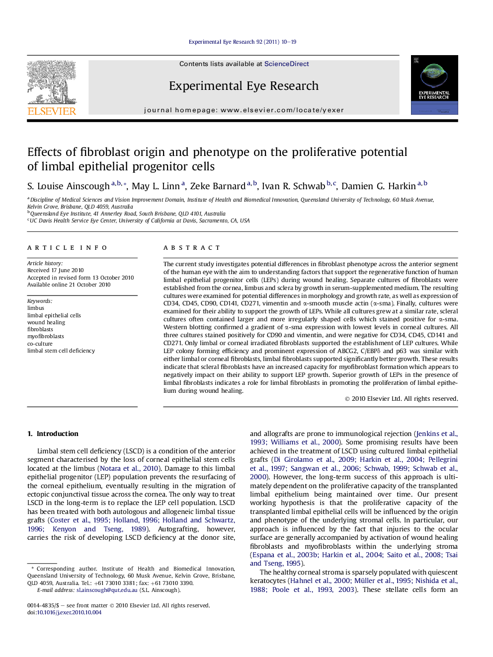 Effects of fibroblast origin and phenotype on the proliferative potential of limbal epithelial progenitor cells