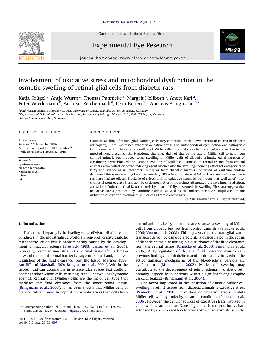 Involvement of oxidative stress and mitochondrial dysfunction in the osmotic swelling of retinal glial cells from diabetic rats