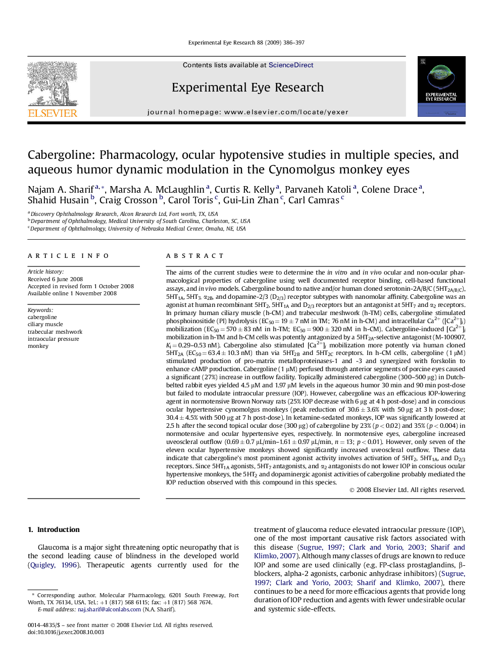 Cabergoline: Pharmacology, ocular hypotensive studies in multiple species, and aqueous humor dynamic modulation in the Cynomolgus monkey eyes