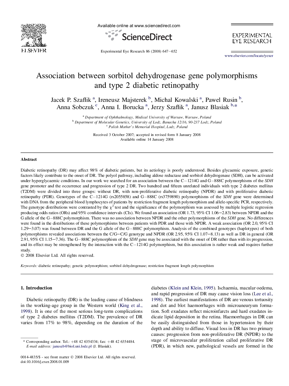 Association between sorbitol dehydrogenase gene polymorphisms and type 2 diabetic retinopathy