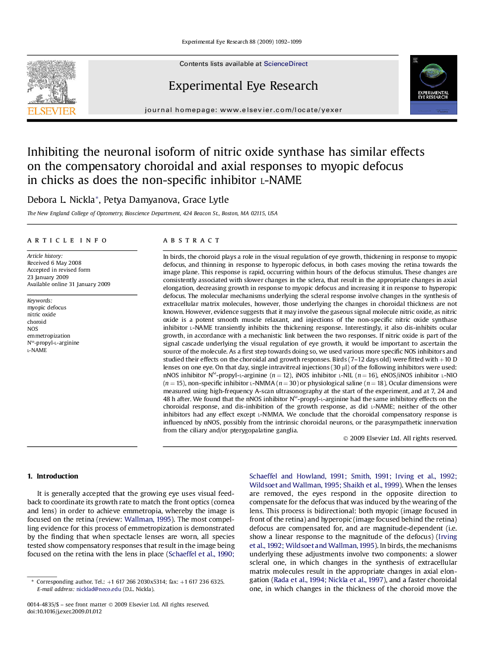 Inhibiting the neuronal isoform of nitric oxide synthase has similar effects on the compensatory choroidal and axial responses to myopic defocus in chicks as does the non-specific inhibitor l-NAME