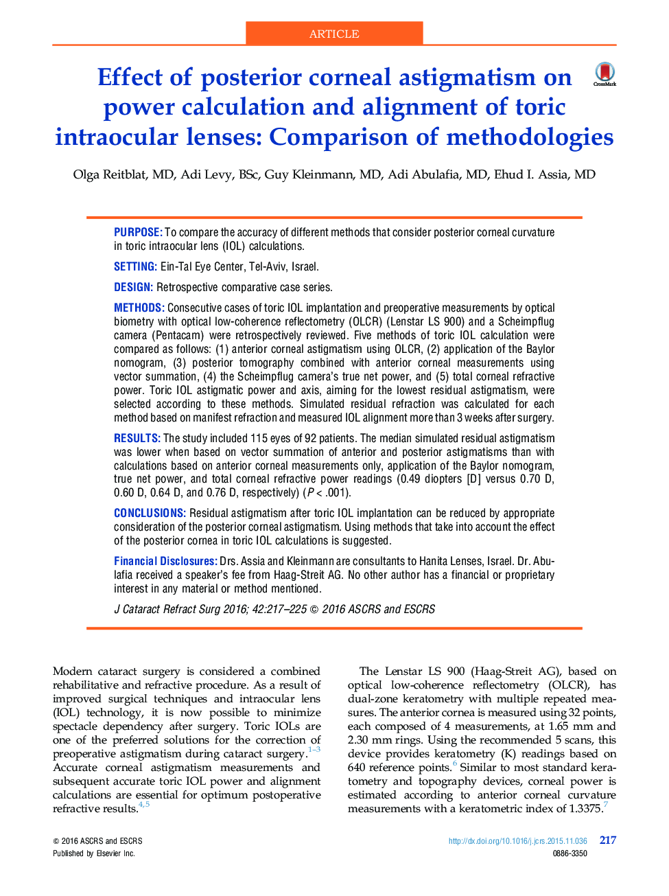 Effect of posterior corneal astigmatism on power calculation and alignment of toric intraocular lenses: Comparison of methodologies
