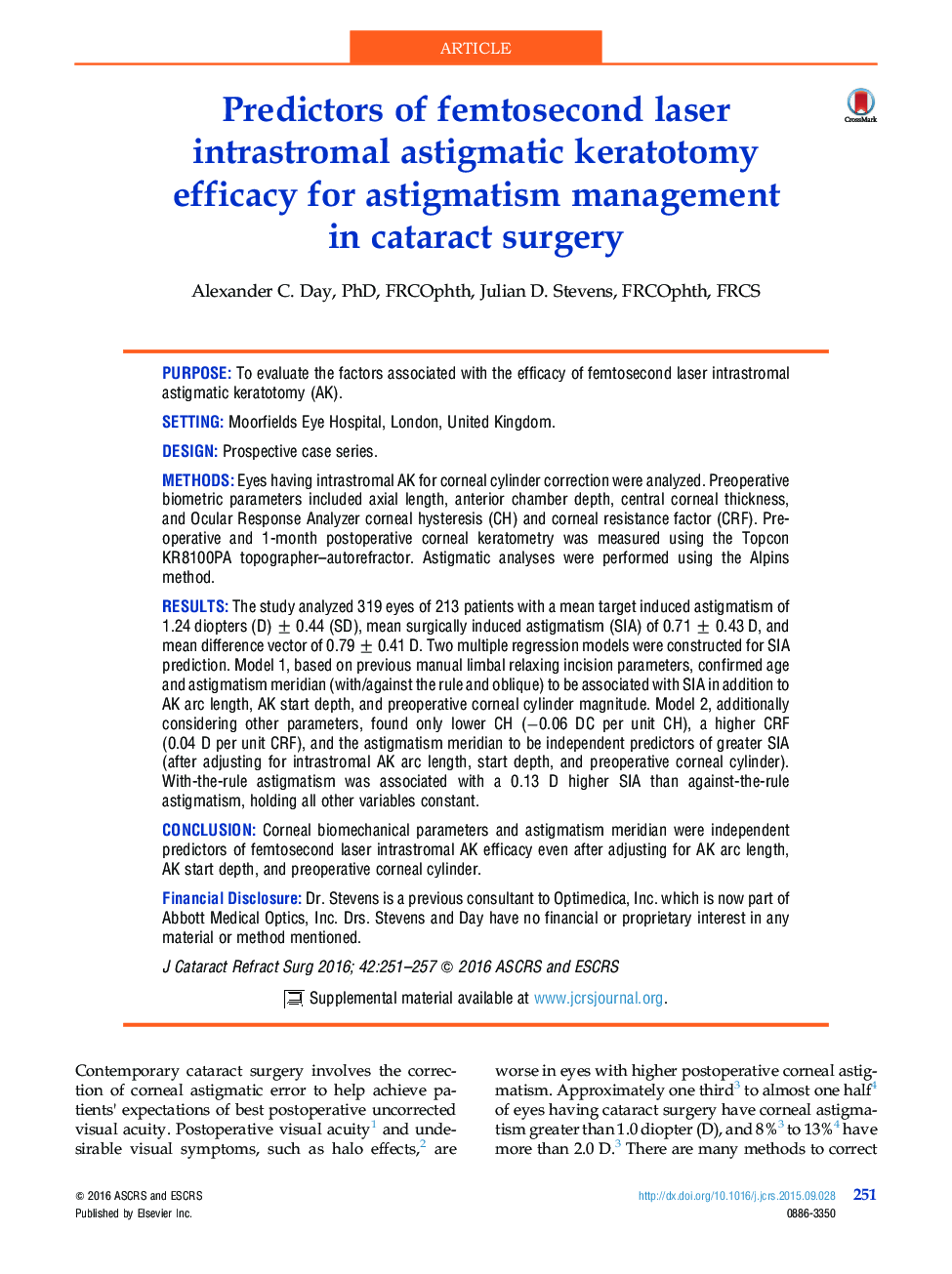 Predictors of femtosecond laser intrastromal astigmatic keratotomy efficacy for astigmatism management in cataract surgery