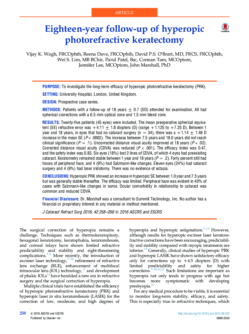 Eighteen-year follow-up of hyperopic photorefractive keratectomy