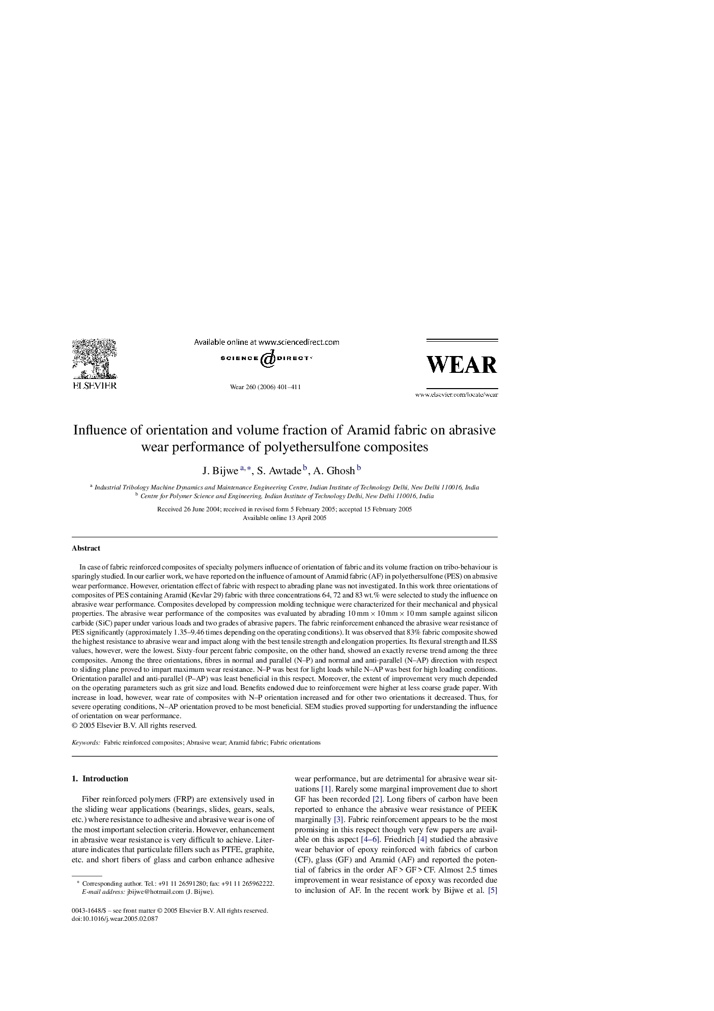 Influence of orientation and volume fraction of Aramid fabric on abrasive wear performance of polyethersulfone composites