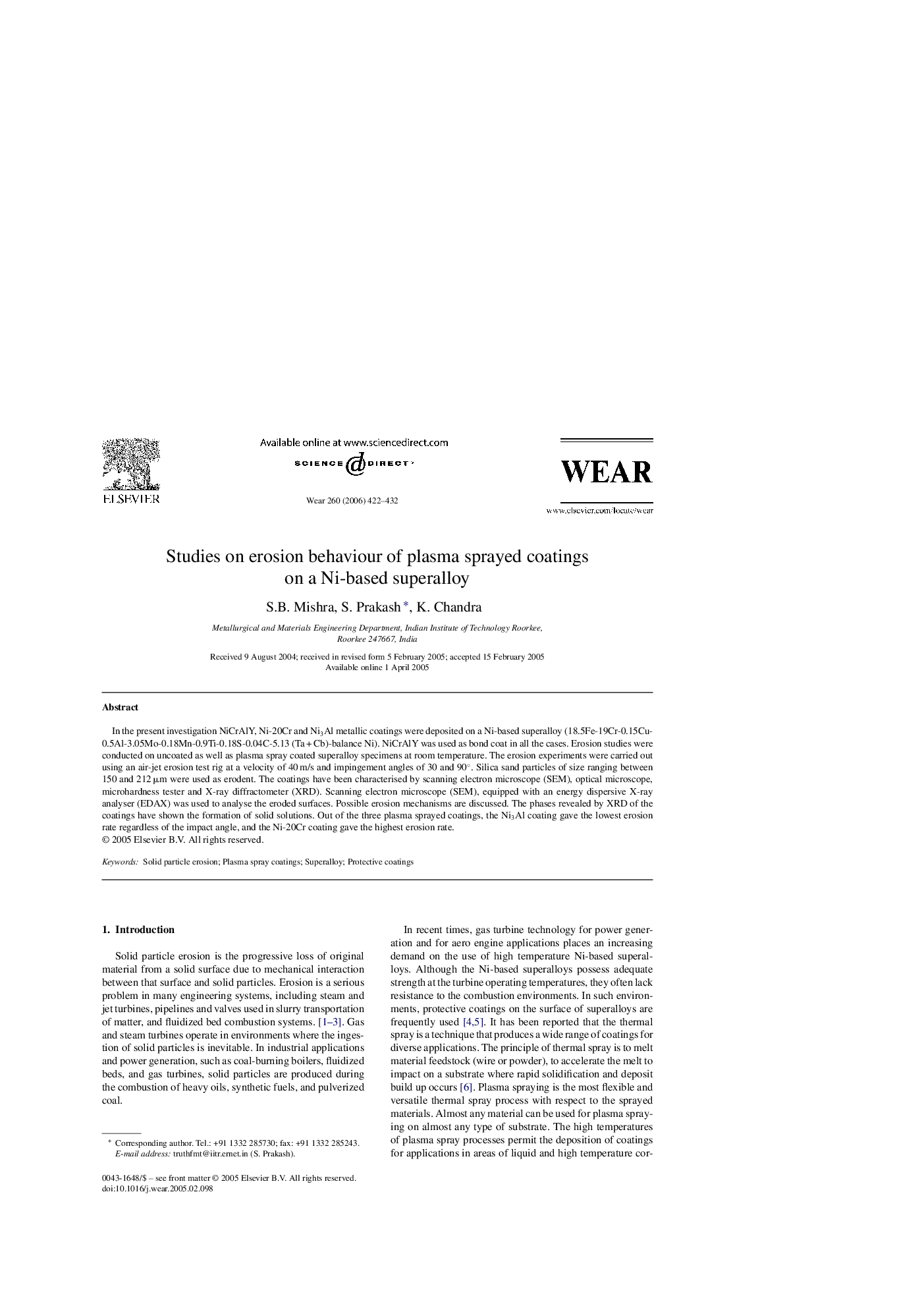 Studies on erosion behaviour of plasma sprayed coatings on a Ni-based superalloy