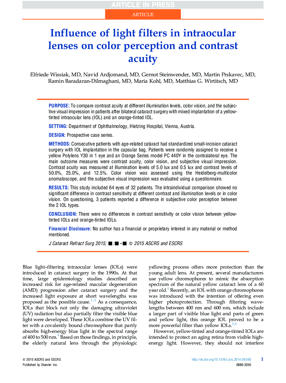 Influence of light filters in intraocular lenses on color perception and contrast acuity