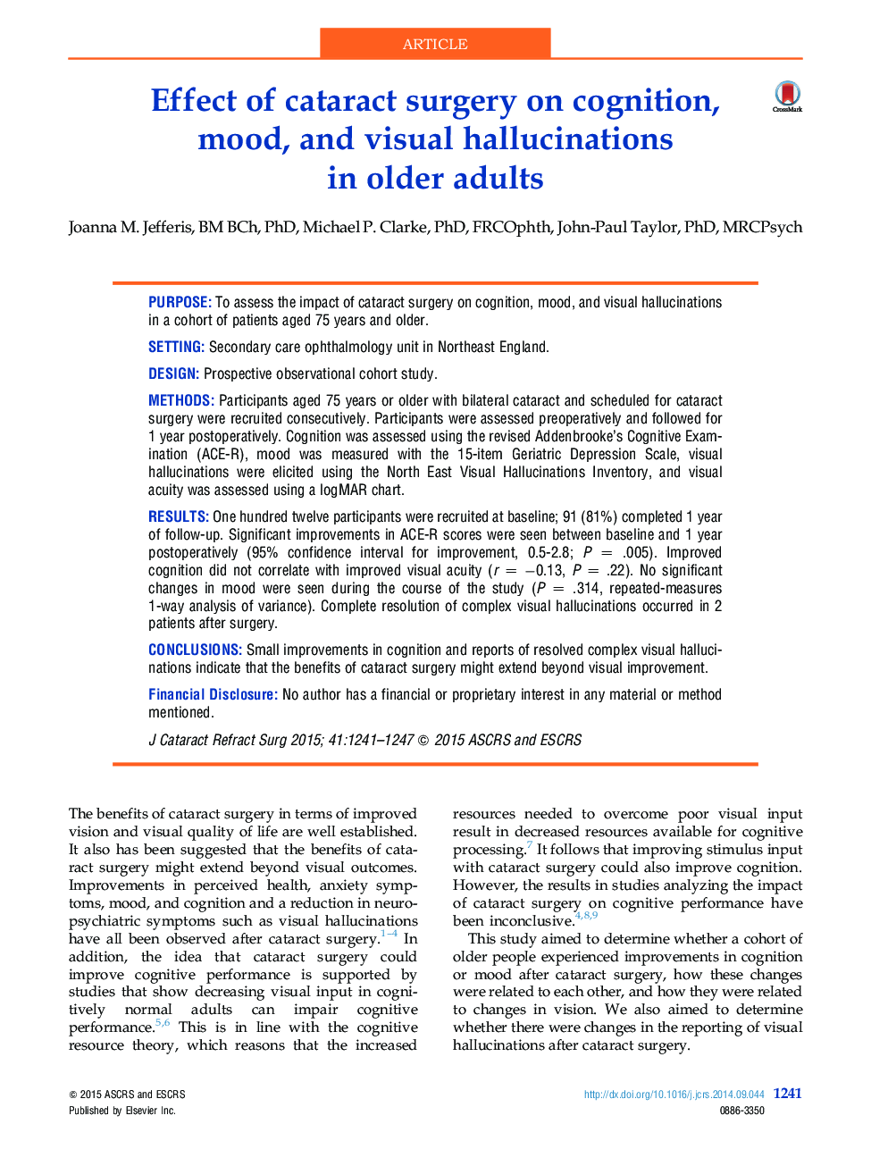 اثر جراحی آب مروارید در شناخت، خلق و خوی و تومورهای تصویری در افراد مسن 