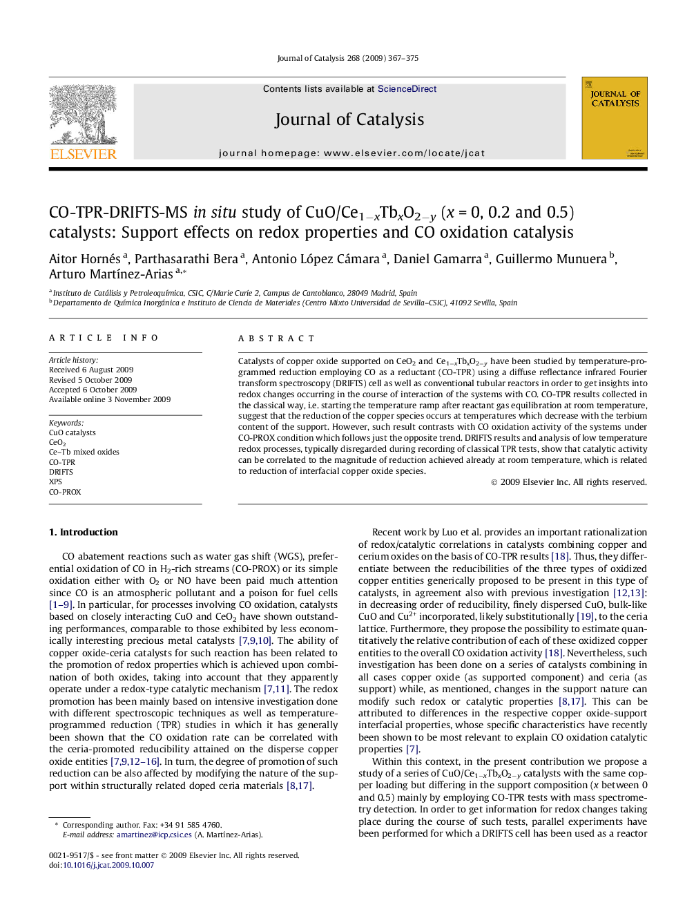 CO-TPR-DRIFTS-MS in situ study of CuO/Ce1−xTbxO2−y (x = 0, 0.2 and 0.5) catalysts: Support effects on redox properties and CO oxidation catalysis