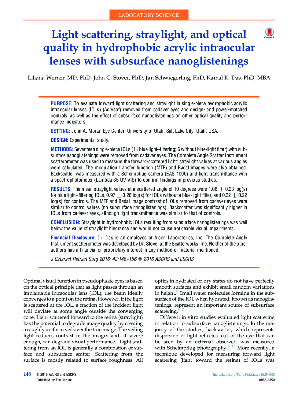Light scattering, straylight, and optical quality in hydrophobic acrylic intraocular lenses with subsurface nanoglistenings