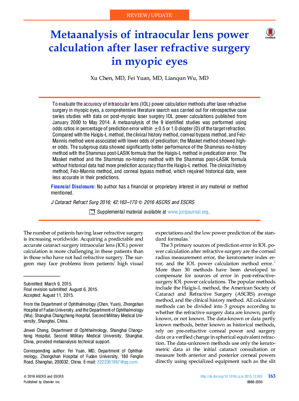 Metaanalysis of intraocular lens power calculation after laser refractive surgery inÂ myopic eyes