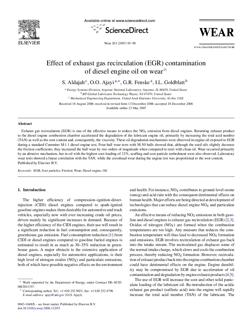 Effect of exhaust gas recirculation (EGR) contamination of diesel engine oil on wear 