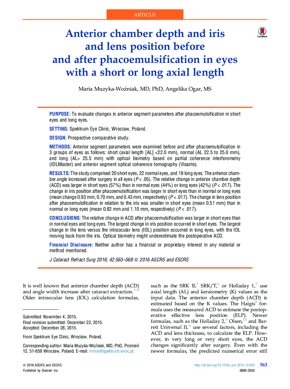 Anterior chamber depth and iris and lens position before and after phacoemulsification in eyes with a short or long axial length