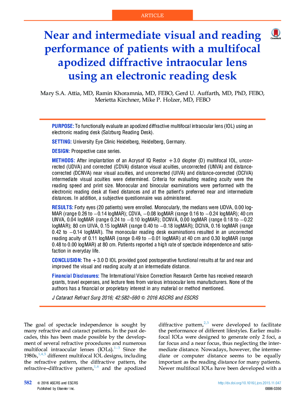 Near and intermediate visual and reading performance of patients with a multifocal apodized diffractive intraocular lens usingÂ anÂ electronic reading desk