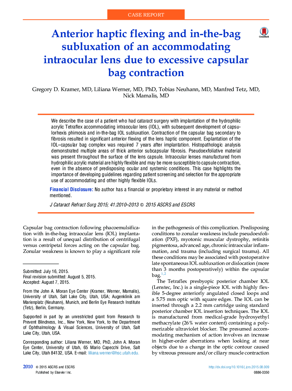 Anterior haptic flexing and in-the-bag subluxation of an accommodating intraocular lens due to excessive capsular bagÂ contraction
