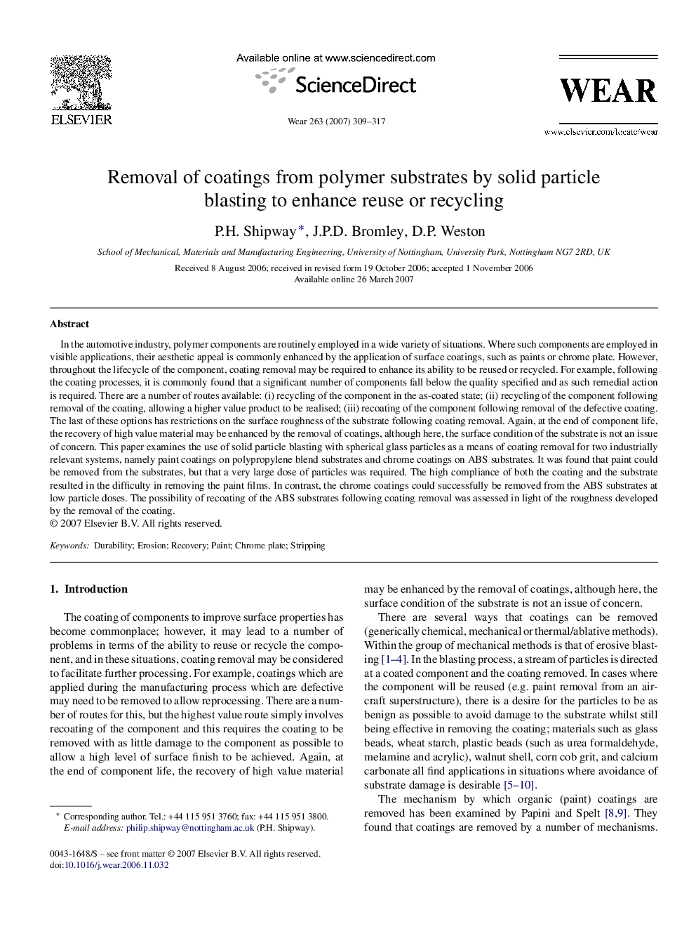 عکس صفحه اول مقاله: Removal of coatings from polymer substrates by solid particle blasting to enhance reuse or recycling Removal of coatings from polymer substrates by solid particle blasting to enhance reuse or recycling