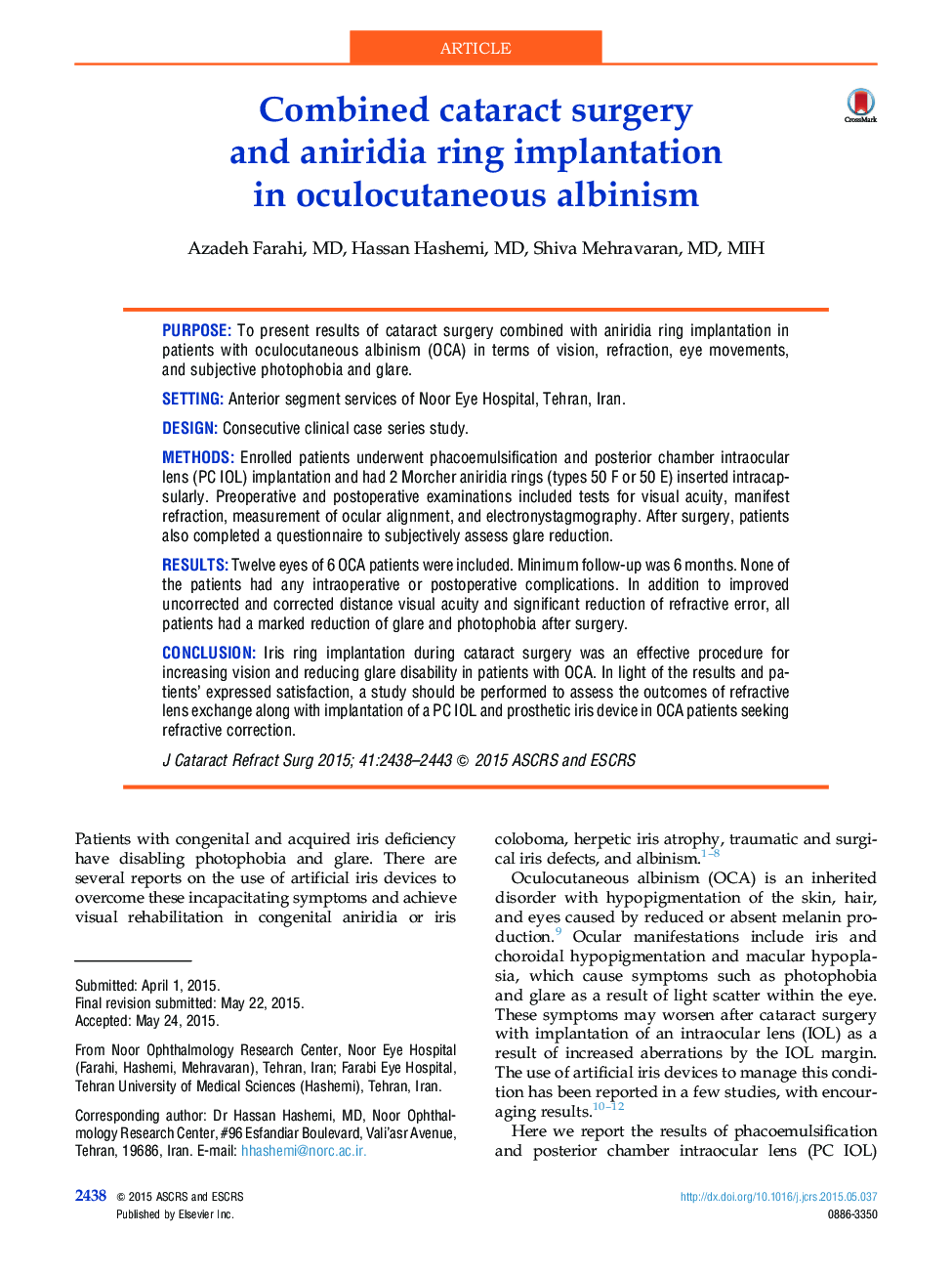 Combined cataract surgery and aniridia ring implantation inÂ oculocutaneous albinism