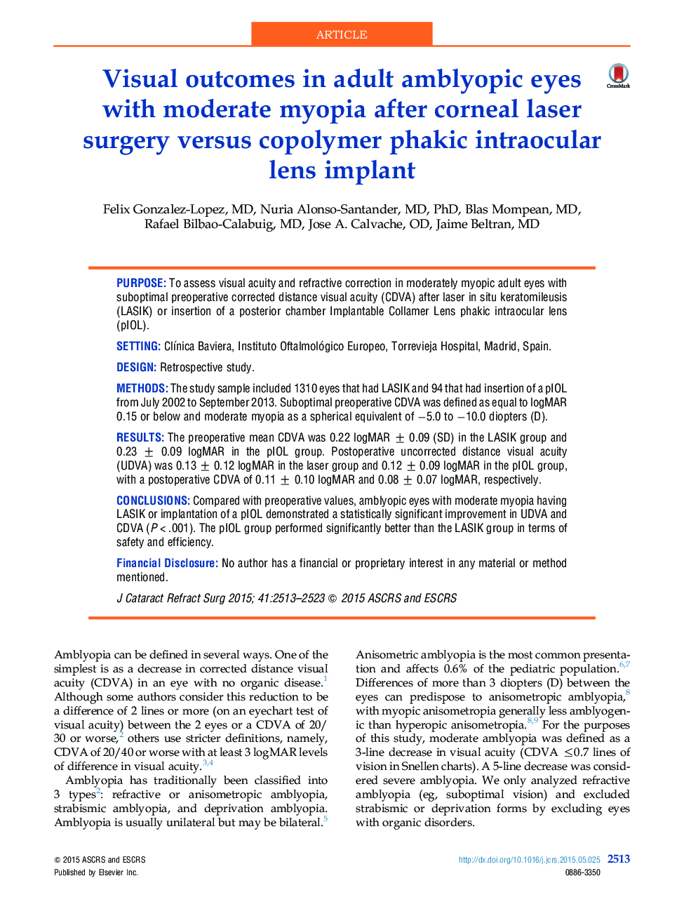 Visual outcomes in adult amblyopic eyes with moderate myopia after corneal laser surgery versus copolymer phakic intraocular lens implant
