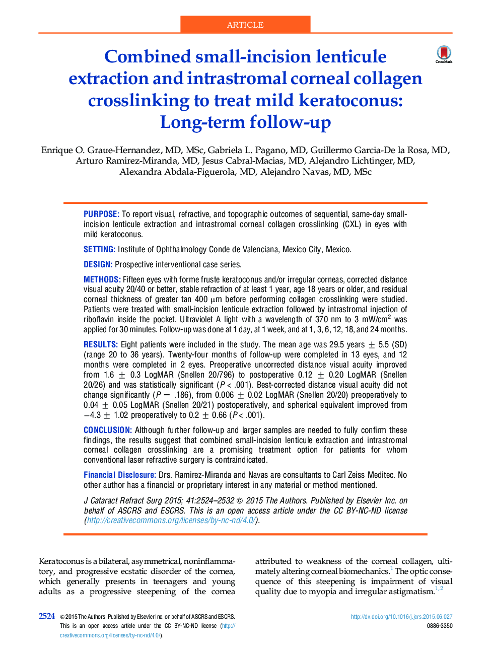 عکس صفحه اول مقاله: Combined small-incision lenticule extraction and intrastromal corneal collagen crosslinking to treat mild keratoconus: Long-term follow-up Combined small-incision lenticule extraction and intrastromal corneal collagen crosslinking to treat mild keratoconus: Long-term follow-up