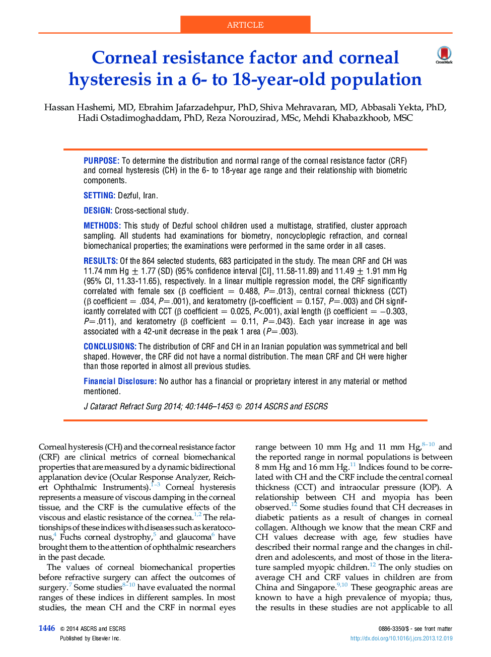 Corneal resistance factor and corneal hysteresis in a 6- to 18-year-old population