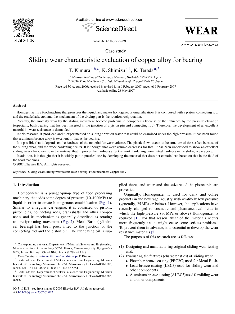 Sliding wear characteristic evaluation of copper alloy for bearing