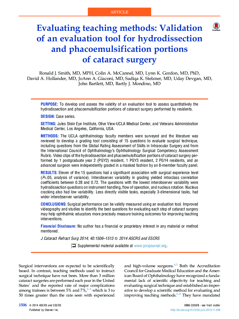Evaluating teaching methods: Validation of an evaluation tool for hydrodissection and phacoemulsification portions of cataract surgery
