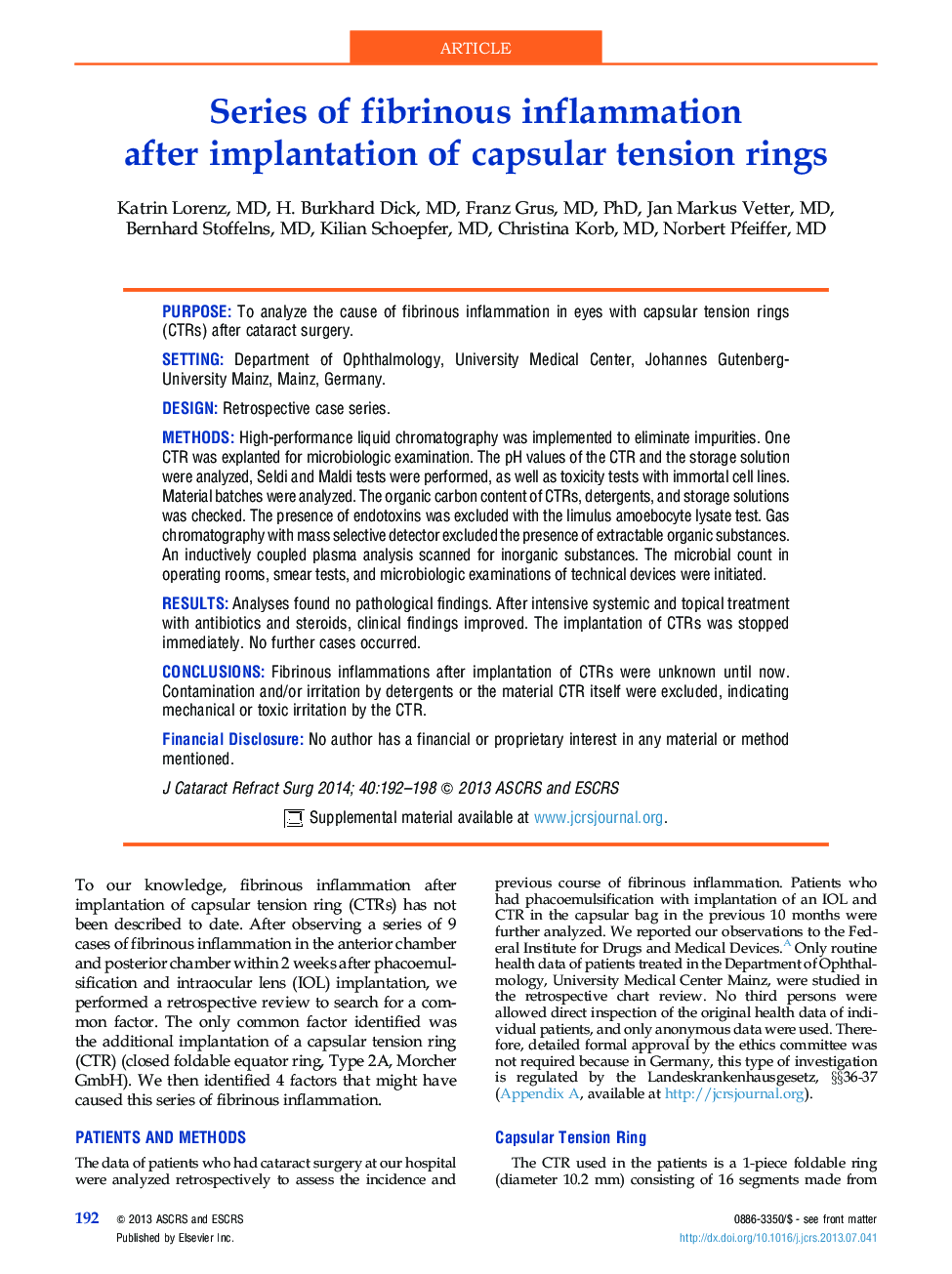 Series of fibrinous inflammation after implantation of capsular tension rings