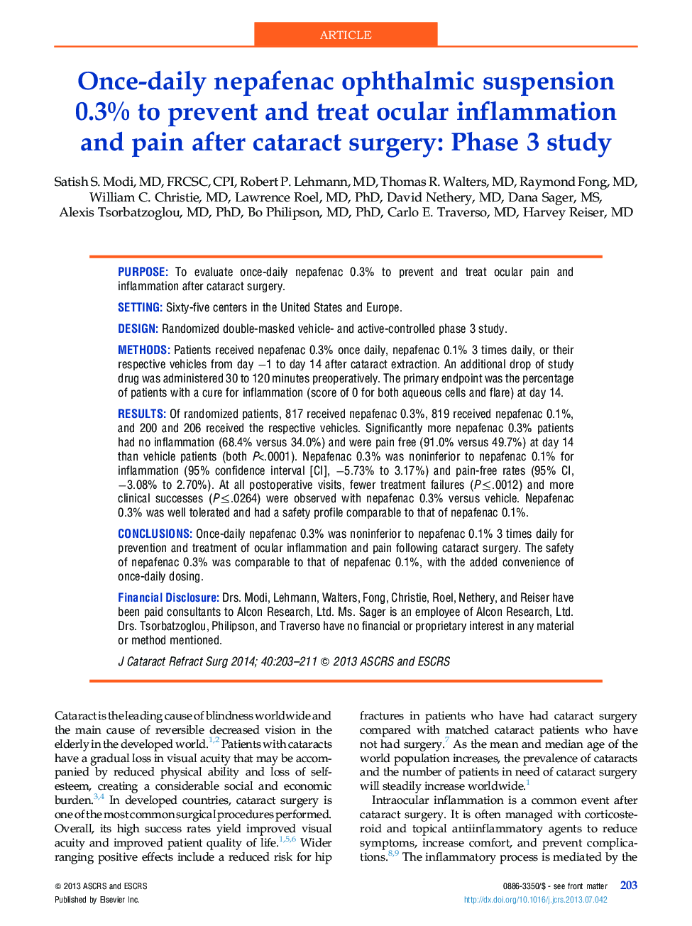 Once-daily nepafenac ophthalmic suspension 0.3% to prevent and treat ocular inflammation and pain after cataract surgery: Phase 3 study