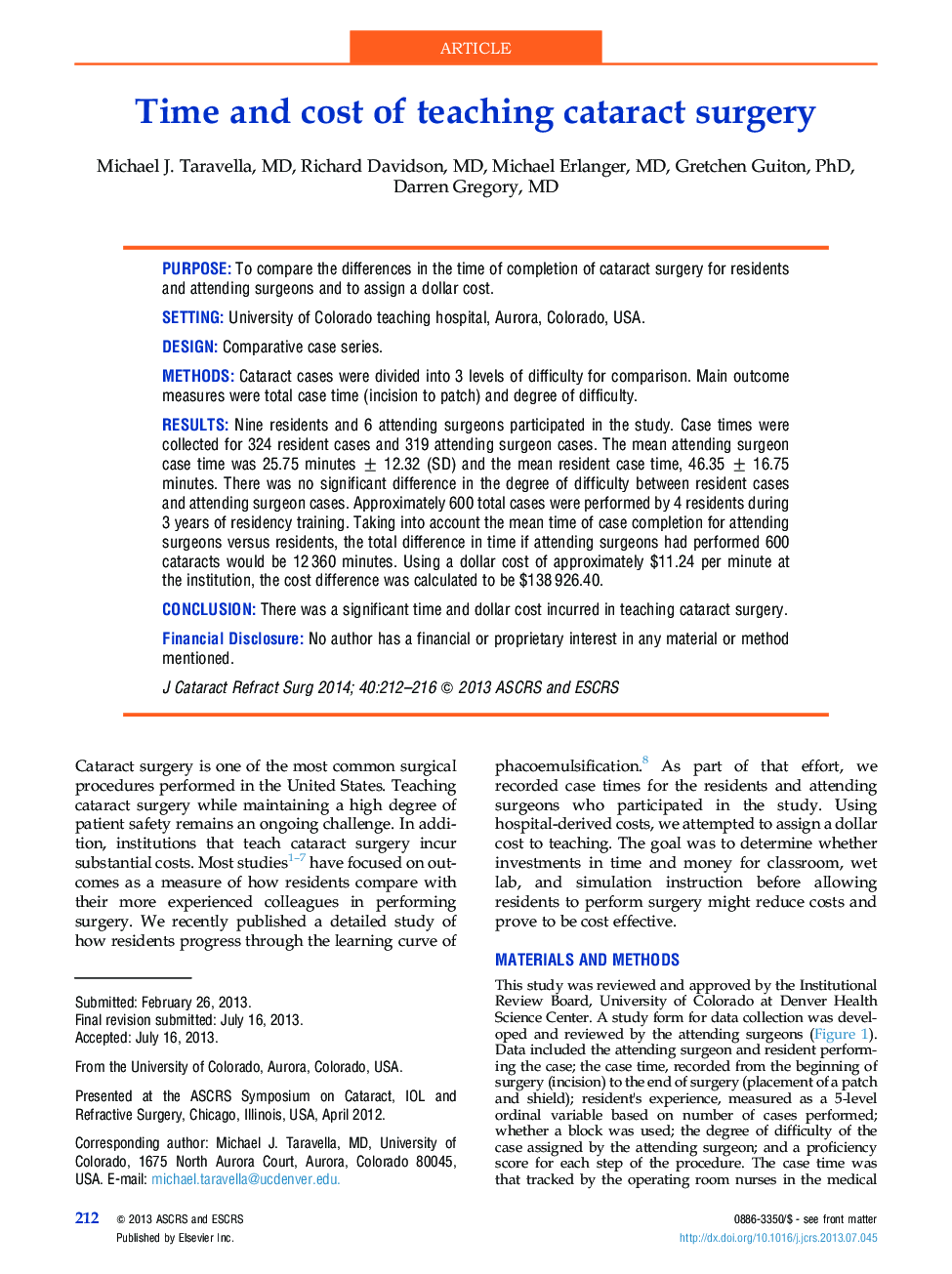 Time and cost of teaching cataract surgery