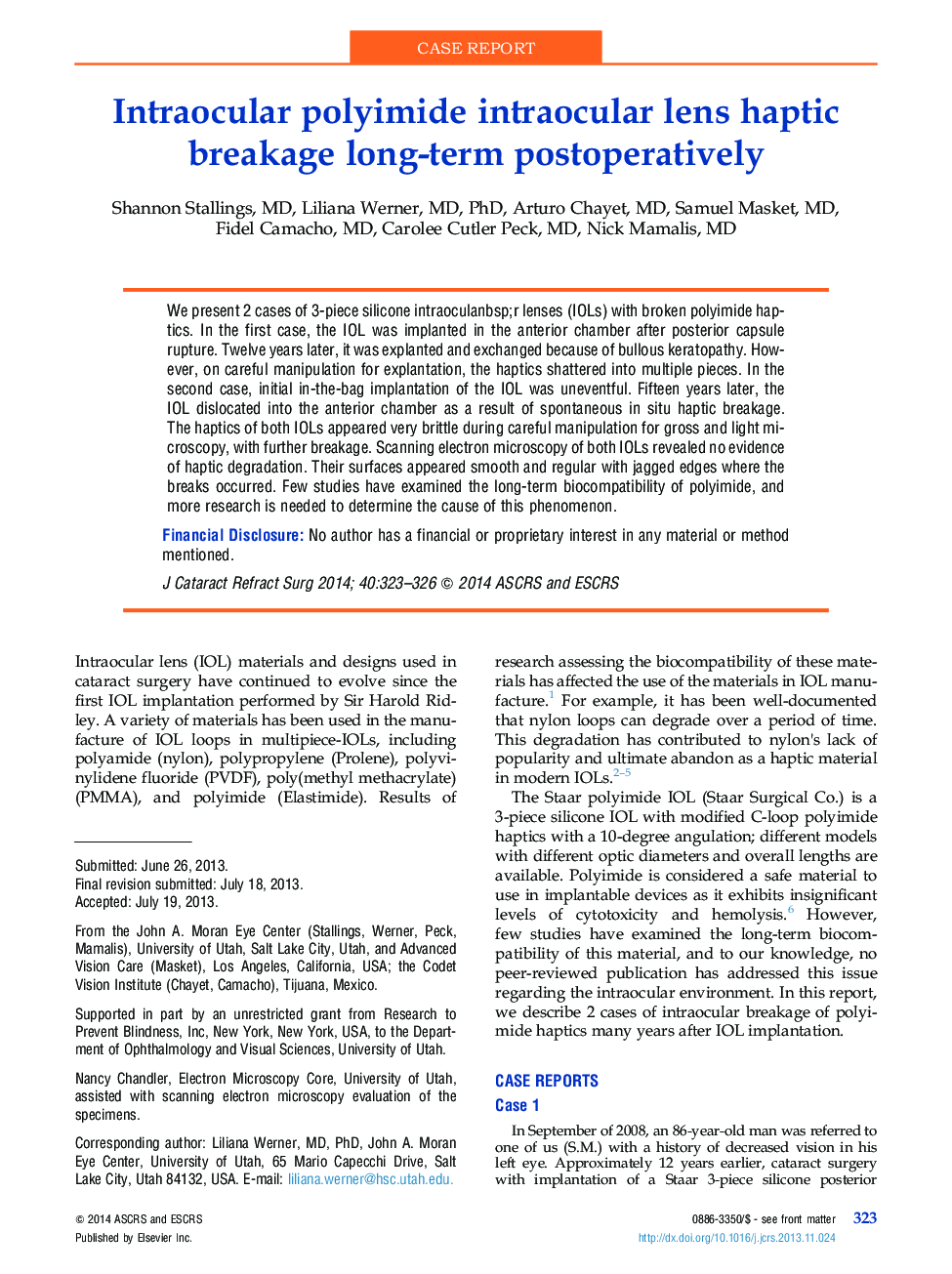 Intraocular polyimide intraocular lens haptic breakage long-term postoperatively