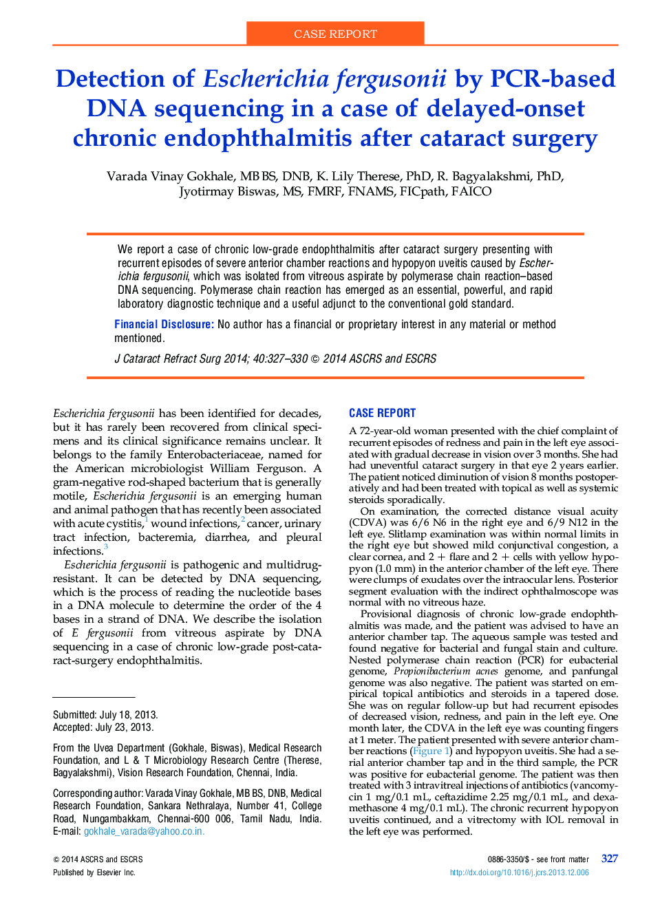 Detection of Escherichia fergusonii by PCR-based DNA sequencing in a case of delayed-onset chronic endophthalmitis after cataract surgery