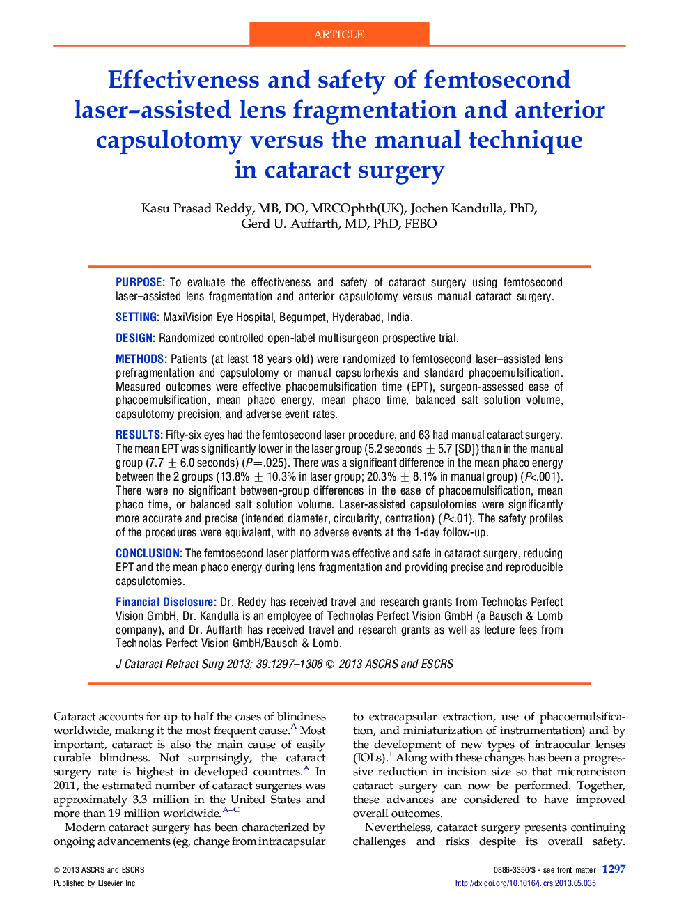 Effectiveness and safety of femtosecond laser-assisted lens fragmentation and anterior capsulotomy versus the manual technique in cataract surgery
