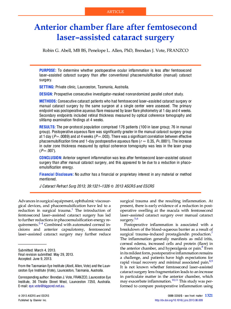 Anterior chamber flare after femtosecond laser-assisted cataract surgery