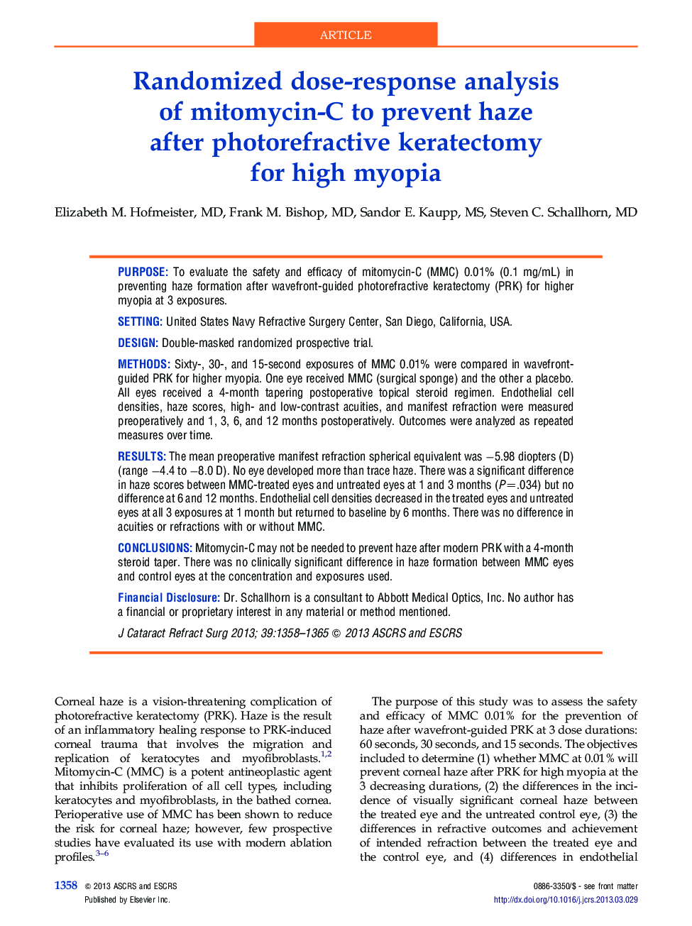 Randomized dose-response analysis of mitomycin-C to prevent haze after photorefractive keratectomy for high myopia