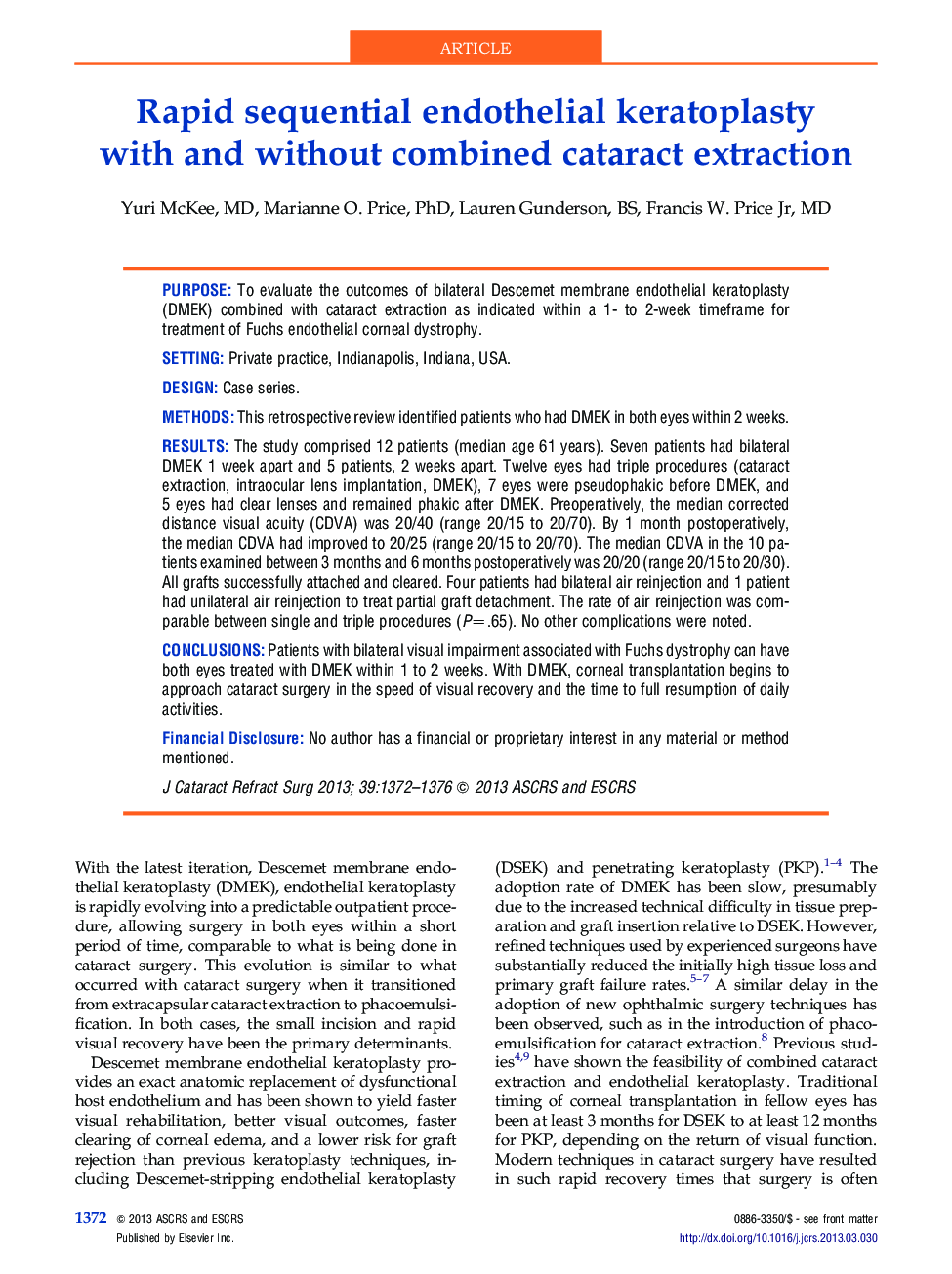 Rapid sequential endothelial keratoplasty with and without combined cataract extraction