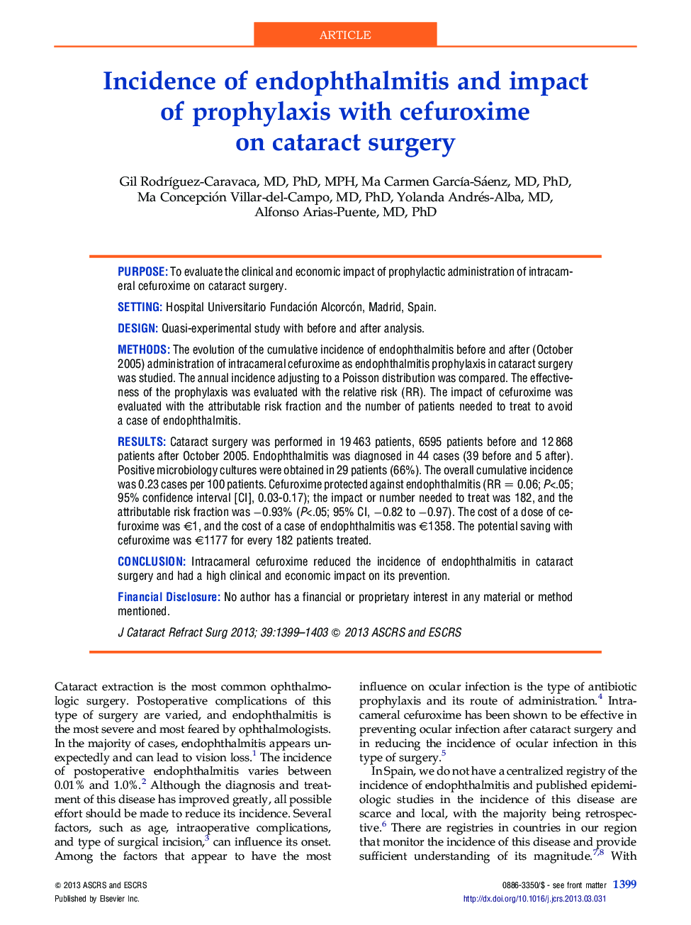 Incidence of endophthalmitis and impact of prophylaxis with cefuroxime on cataract surgery
