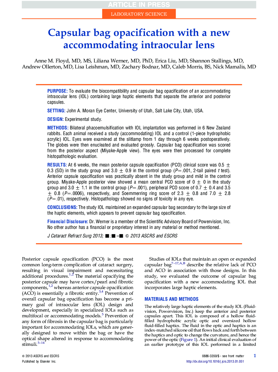 Capsular bag opacification with a new accommodating intraocular lens