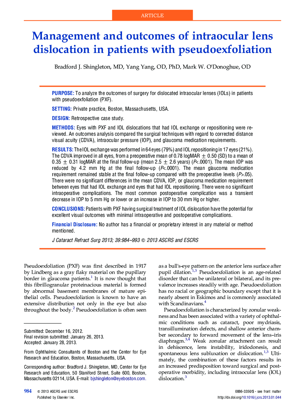 Management and outcomes of intraocular lens dislocation in patients with pseudoexfoliation