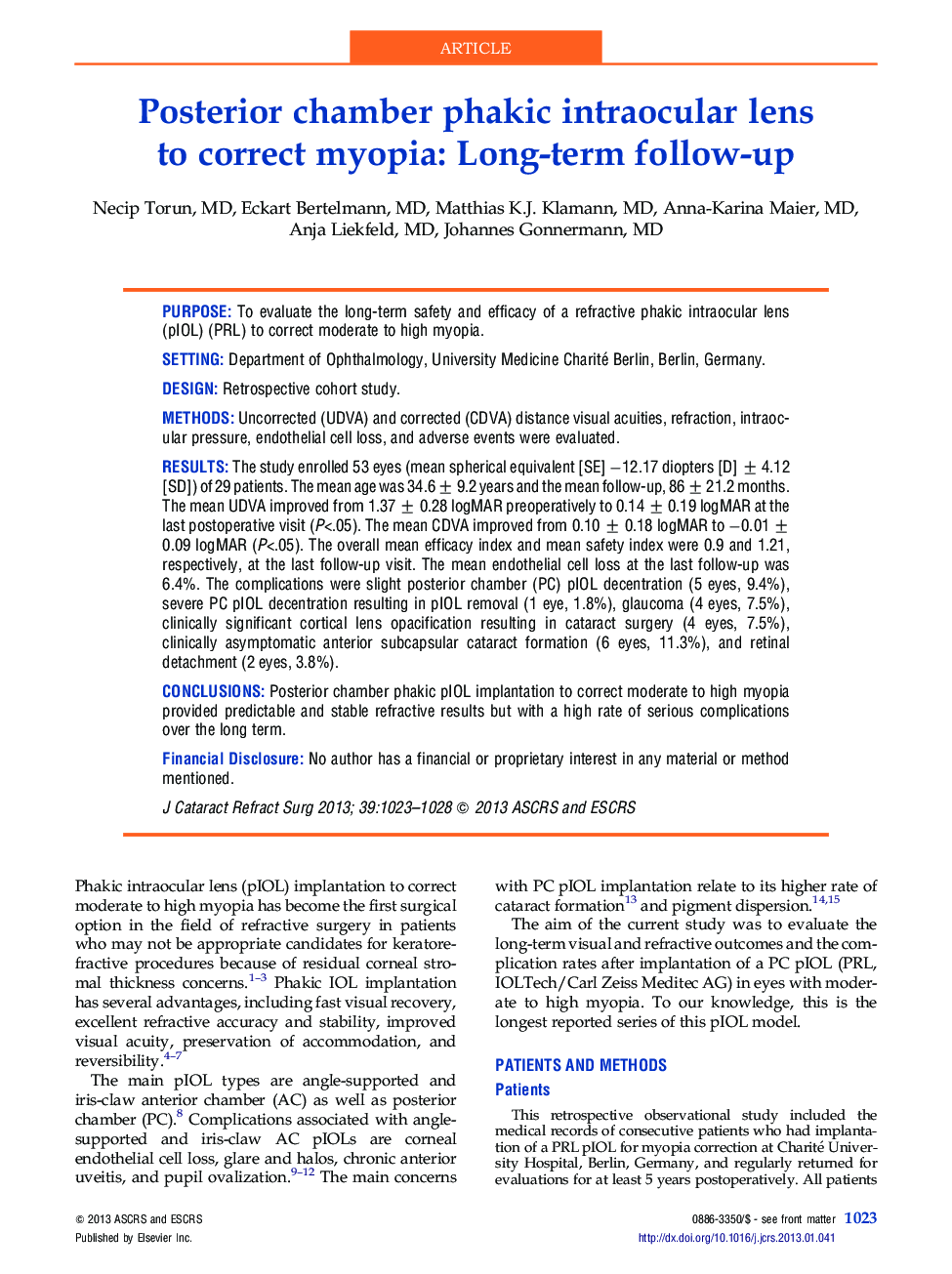 Posterior chamber phakic intraocular lens to correct myopia: Long-term follow-up