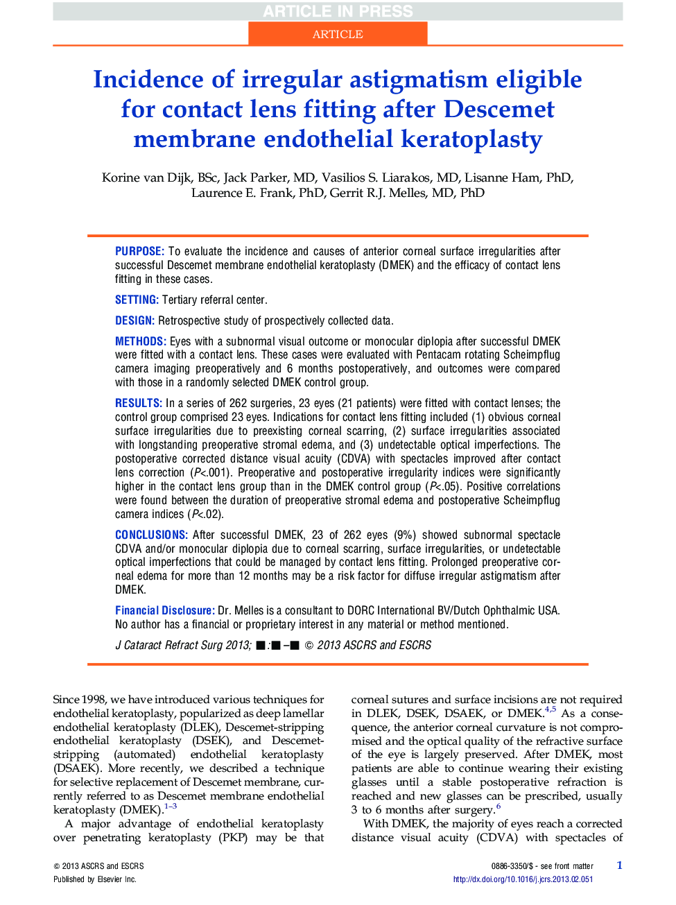 Incidence of irregular astigmatism eligible for contact lens fitting after Descemet membrane endothelial keratoplasty