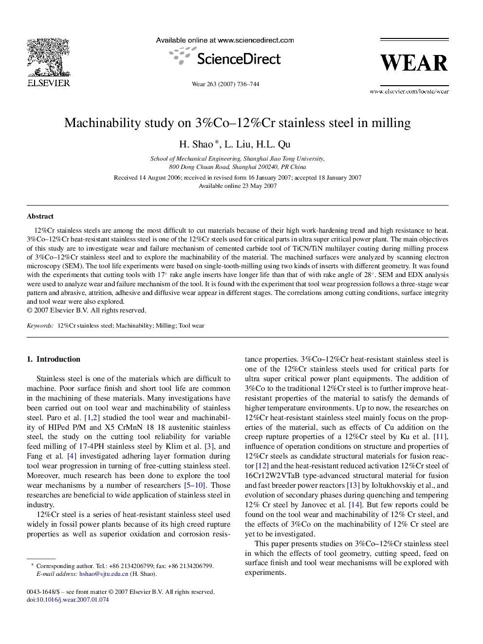 Machinability study on 3%Co–12%Cr stainless steel in milling