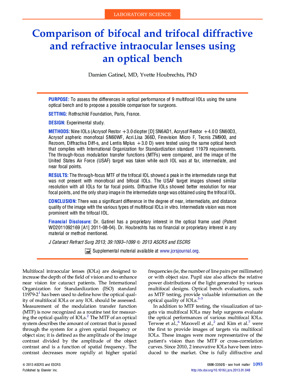 Comparison of bifocal and trifocal diffractive and refractive intraocular lenses using an optical bench