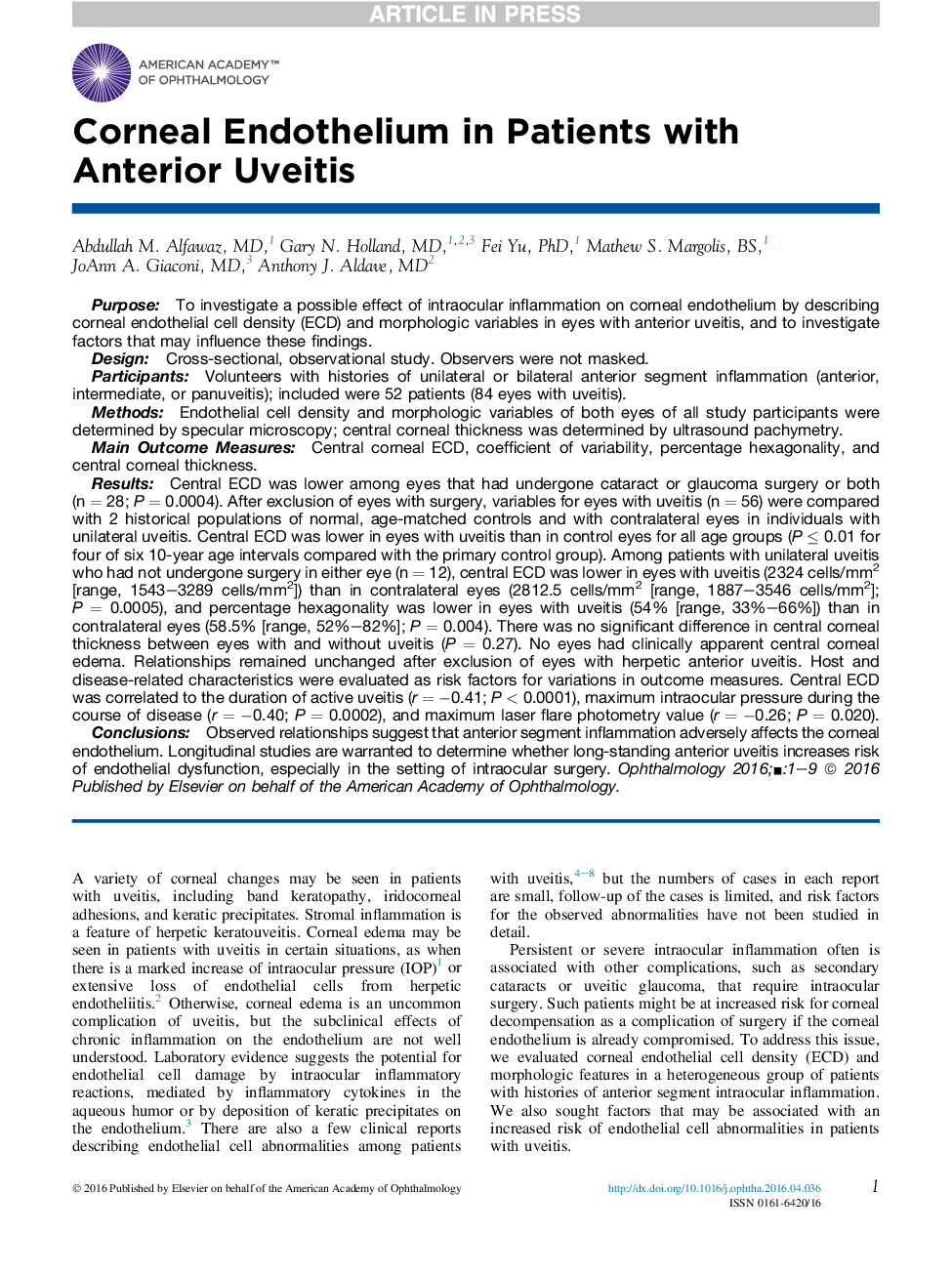 Corneal Endothelium in Patients with Anterior Uveitis