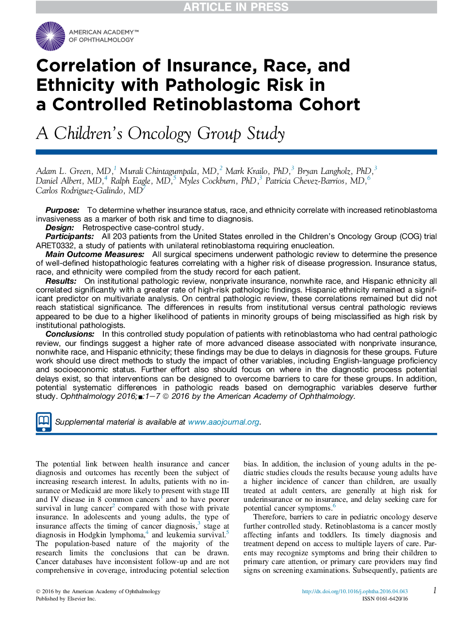 Correlation of Insurance, Race, and Ethnicity with Pathologic Risk in a Controlled Retinoblastoma Cohort